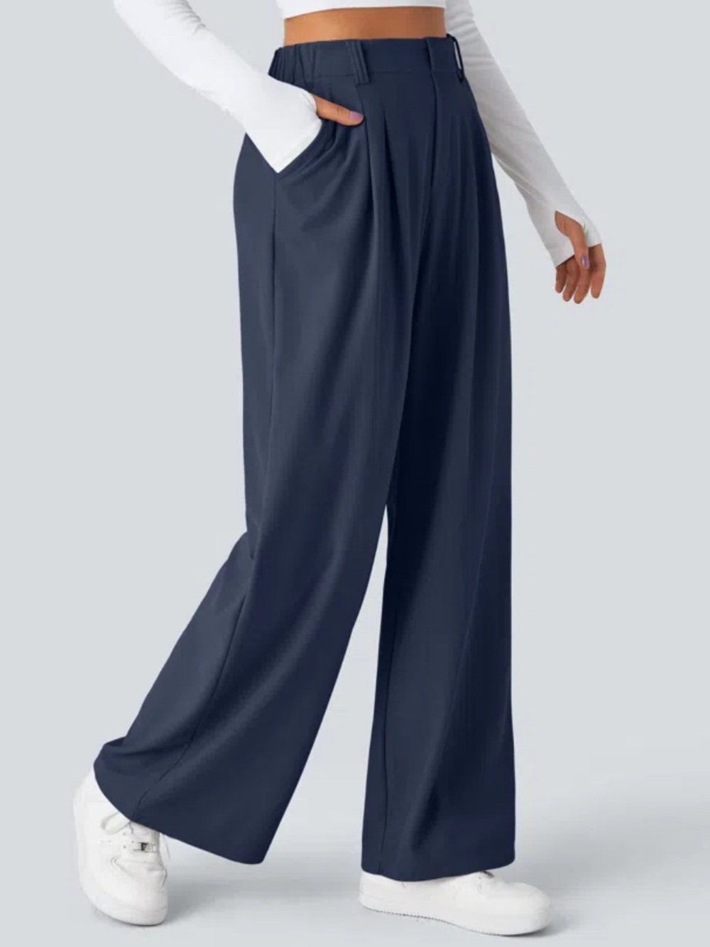 HALARA Navy Wide Leg High-Waist Pleated Trousers TALL